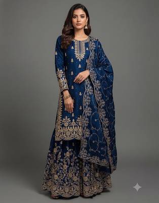 Royal blue Fandy SAtin embroidered sharara suit set 1