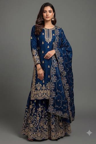 Royal blue Fandy SAtin embroidered sharara suit set