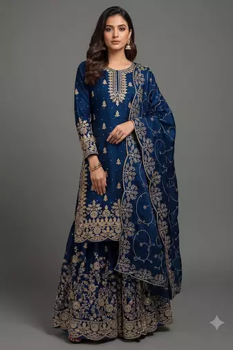 Royal blue Fandy SAtin embroidered sharara suit set