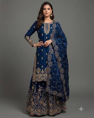 Royal blue Fandy SAtin embroidered sharara suit set 2