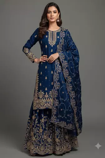 Royal blue Fandy SAtin embroidered sharara suit set