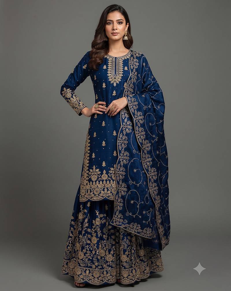 Royal blue Fandy SAtin embroidered sharara suit set