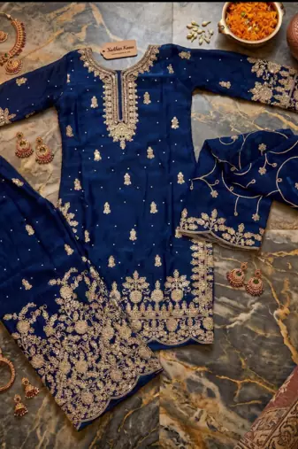 Royal blue Fandy SAtin embroidered sharara suit set