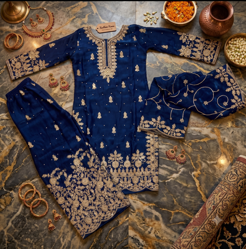 Royal blue Fandy SAtin embroidered sharara suit set