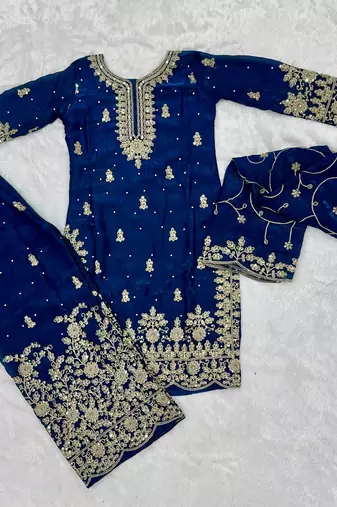 Royal blue Fandy SAtin embroidered sharara suit set