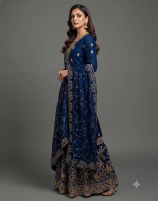 Royal blue Fandy SAtin embroidered sharara suit set 3