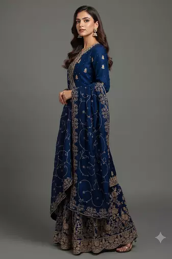 Royal blue Fandy SAtin embroidered sharara suit set