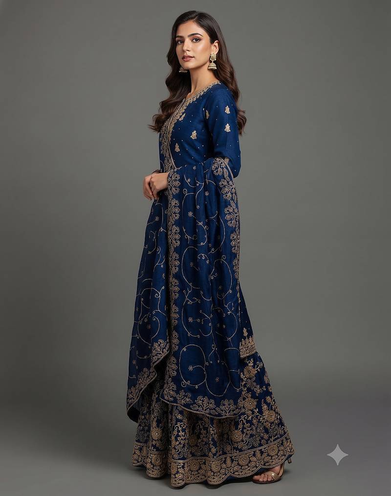 Royal blue Fandy SAtin embroidered sharara suit set