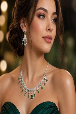 emerald bridal necklace earrings set, silver cz teardrop jewellery 1