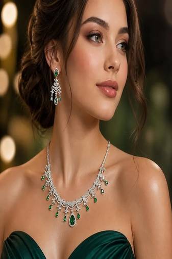 emerald bridal necklace earrings set, silver cz teardrop jewellery
