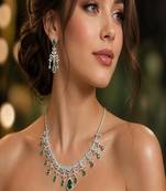 emerald bridal necklace earrings set, silver cz teardrop jewellery