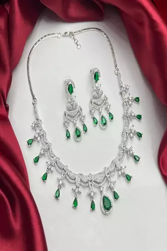 emerald bridal necklace earrings set, silver cz teardrop jewellery