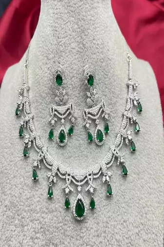 emerald bridal necklace earrings set, silver cz teardrop jewellery