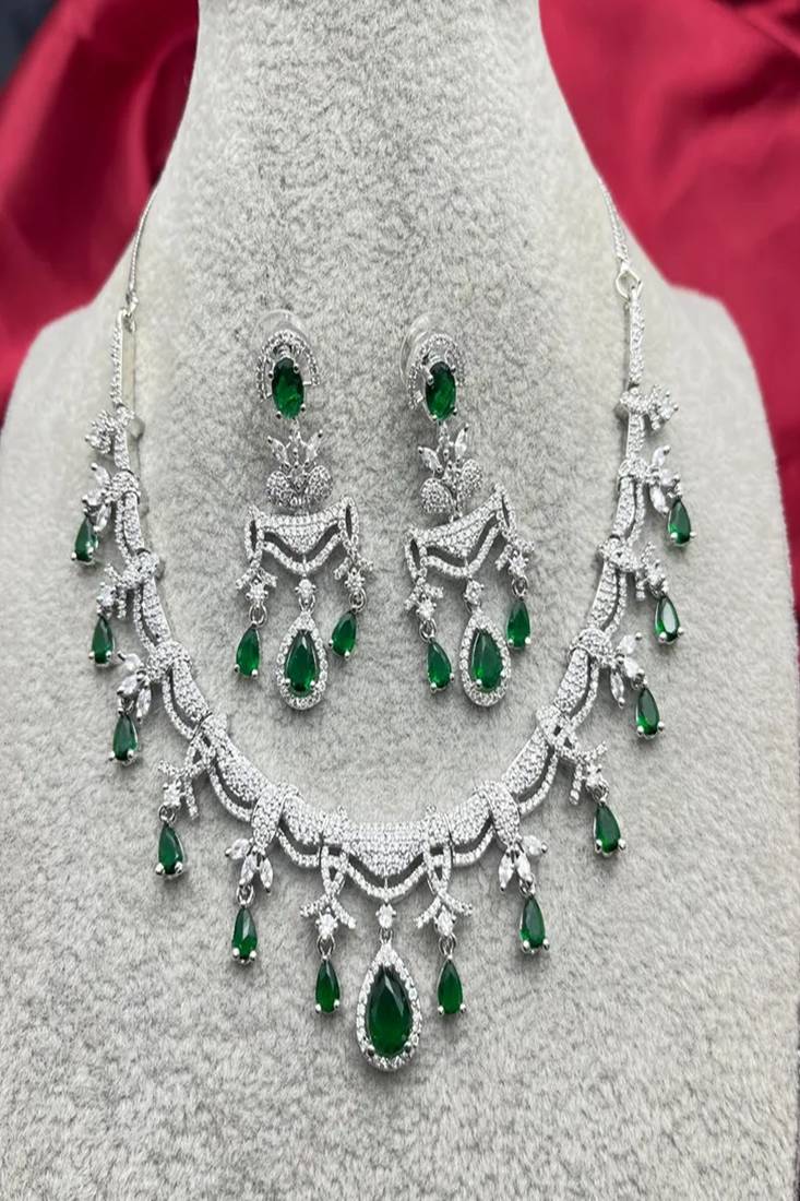 emerald bridal necklace earrings set, silver cz teardrop jewellery