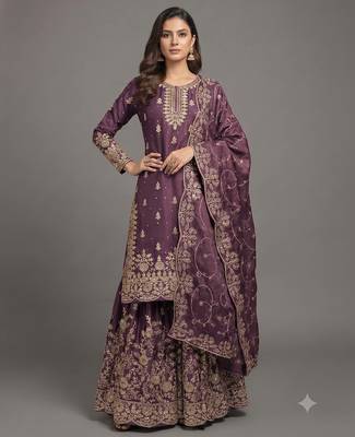Deep wine Fandy Satin zari work sharara suit set 1