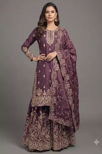 Deep wine Fandy Satin zari work sharara suit set