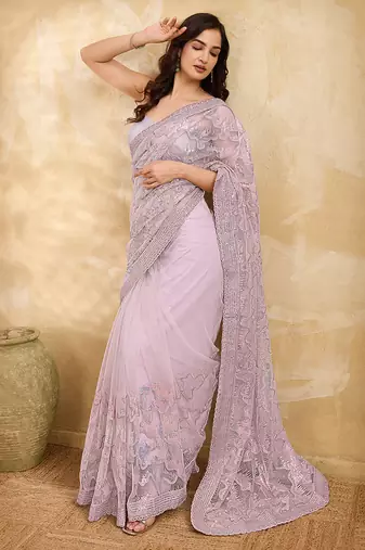 Trendmalls Rose Pink Festive Net Embroidery Sequins Work Saree 