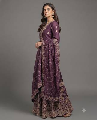 Deep wine Fandy Satin zari work sharara suit set 2