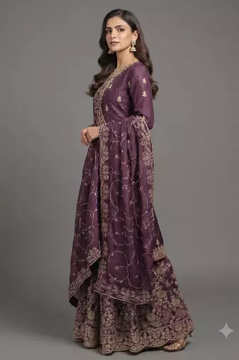 Deep wine Fandy Satin zari work sharara suit set