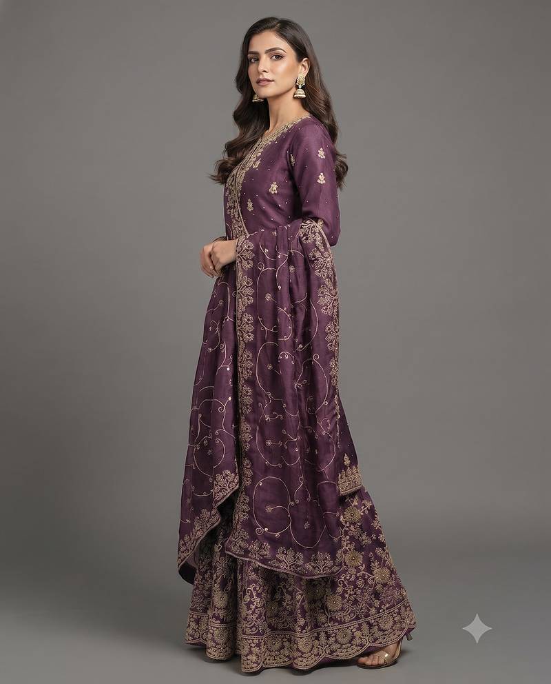 Deep wine Fandy Satin zari work sharara suit set