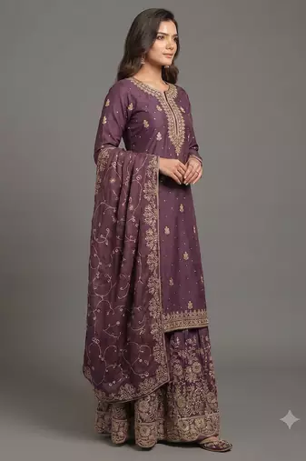 Deep wine Fandy Satin zari work sharara suit set