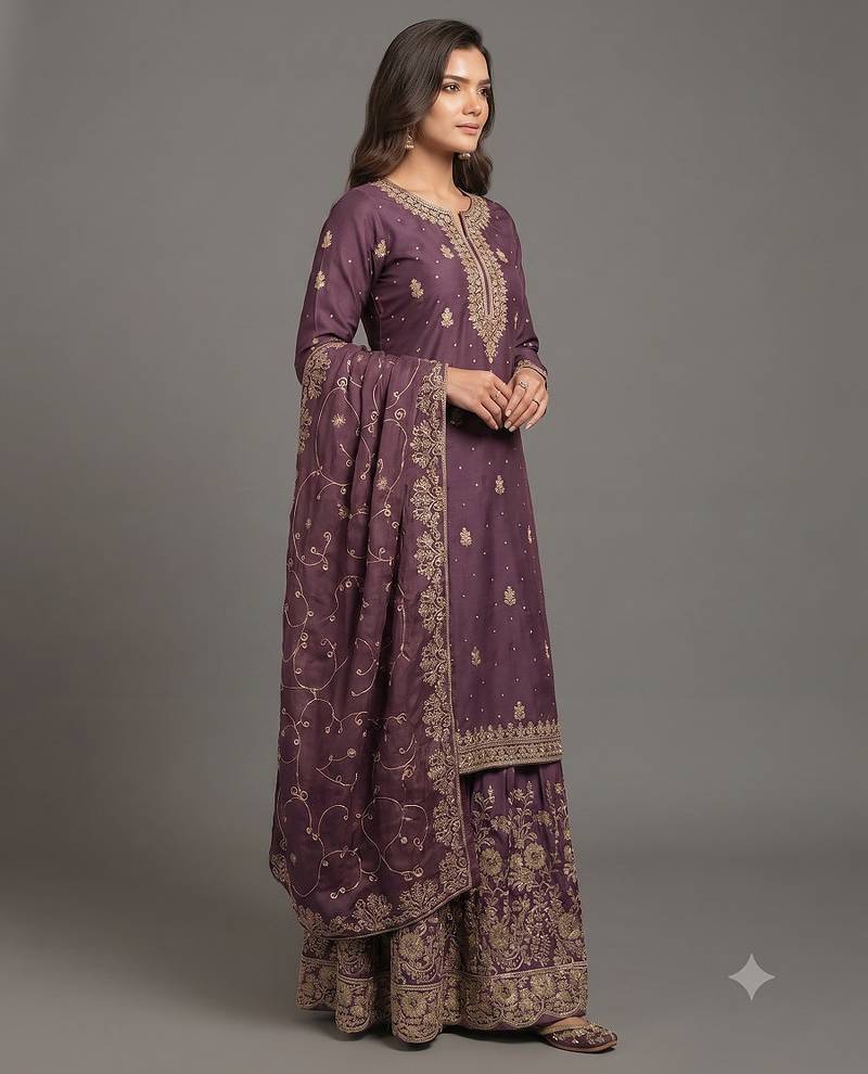 Deep wine Fandy Satin zari work sharara suit set
