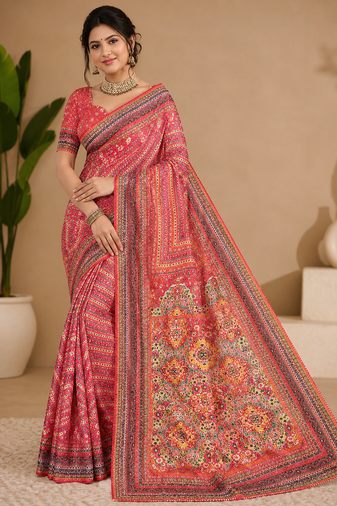 Orange Color Beautiful katdana type sequins and real mirror and diamond work with beautiful lace border Silk Blend Saree