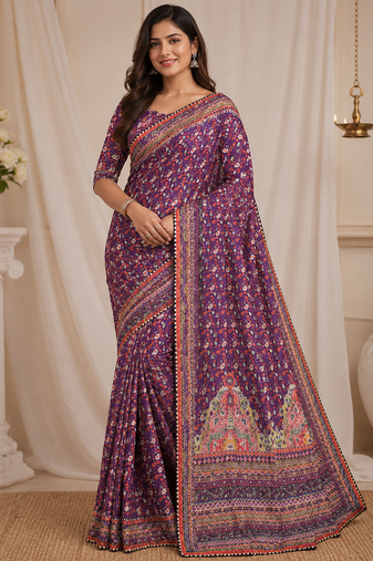 Purple Color Beautiful katdana type sequins and real mirror and diamond work with beautiful lace border Silk Blend Saree