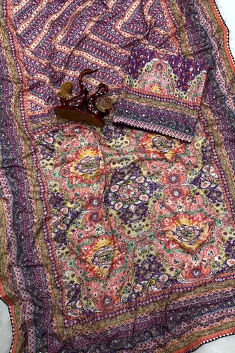Purple Color Beautiful katdana type sequins and real mirror and diamond work with beautiful lace border Silk Blend Saree
