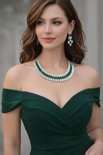 emerald green cz choker necklace set: sterling silver bridal jewellery