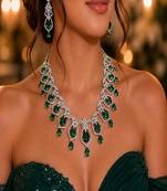 emerald green bridal necklace earrings set  silver cz teardrop crystal indian jewellery