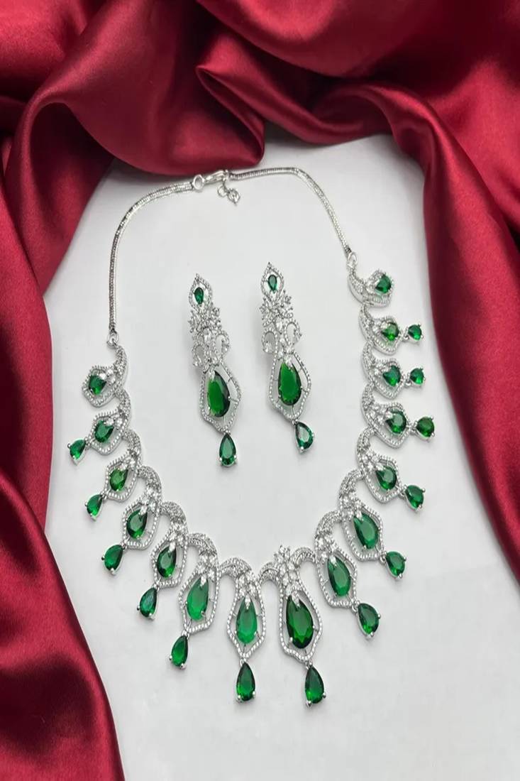 emerald green bridal necklace earrings set  silver cz teardrop crystal indian jewellery
