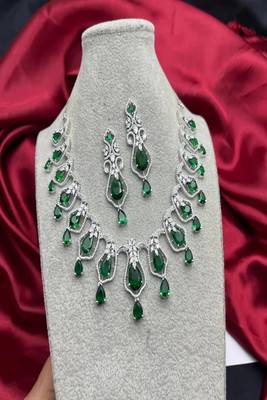 emerald green bridal necklace earrings set  silver cz teardrop crystal indian jewellery 3