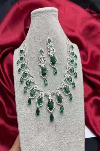 emerald green bridal necklace earrings set | silver cz teardrop crystal indian jewellery