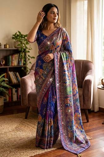 Blue Color Gold Zari work and Hand real mirror and diamond work Silk Blend Saree