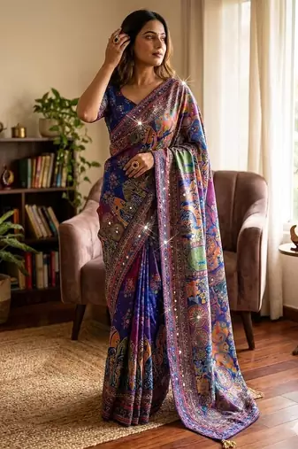 Blue Color Gold Zari work and Hand real mirror and diamond work Silk Blend Saree