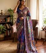 Blue Color Gold Zari work and Hand real mirror and diamond work Silk Blend Saree