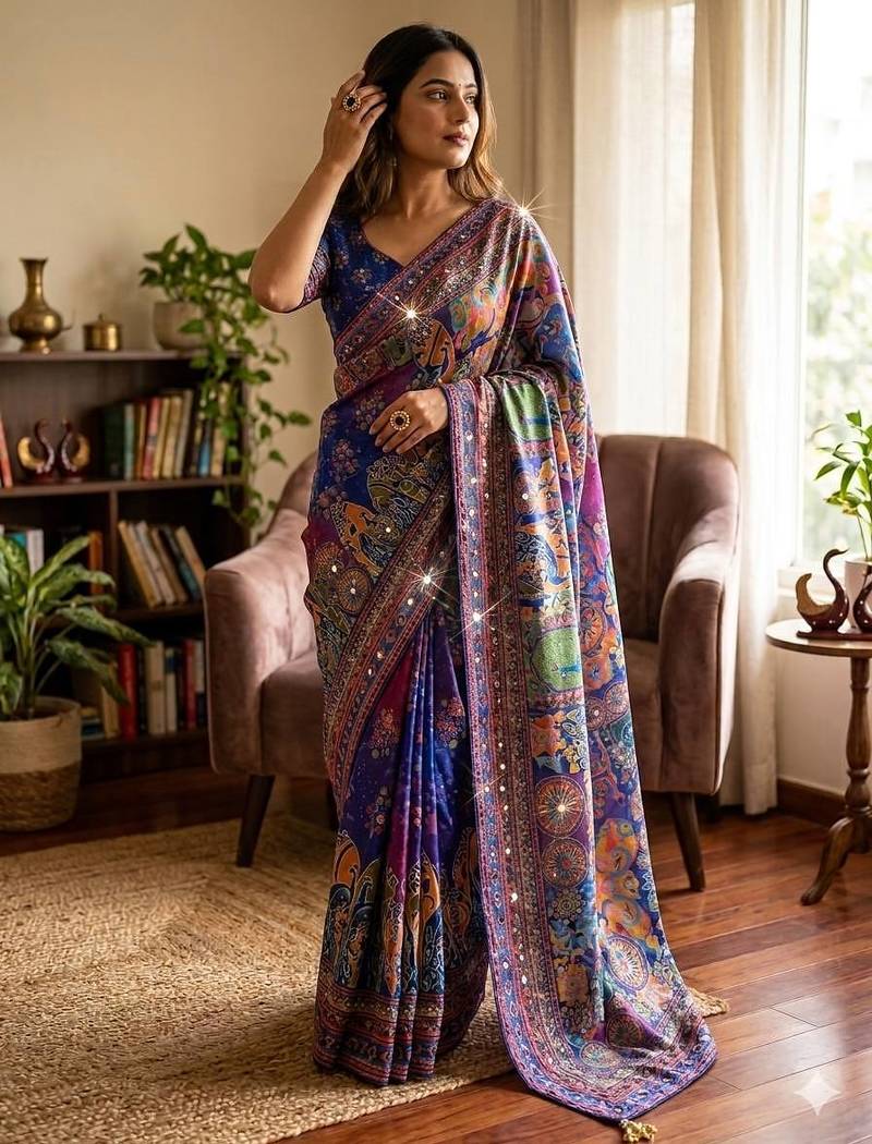 Blue Color Gold Zari work and Hand real mirror and diamond work Silk Blend Saree