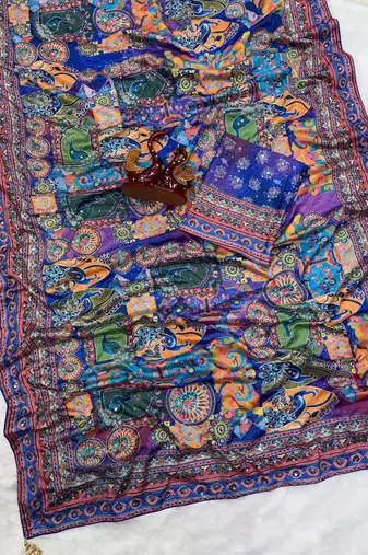 Blue Color Gold Zari work and Hand real mirror and diamond work Silk Blend Saree