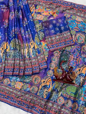 Blue Color Gold Zari work and Hand real mirror and diamond work Silk Blend Saree 3