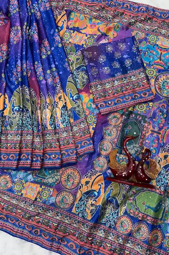Blue Color Gold Zari work and Hand real mirror and diamond work Silk Blend Saree