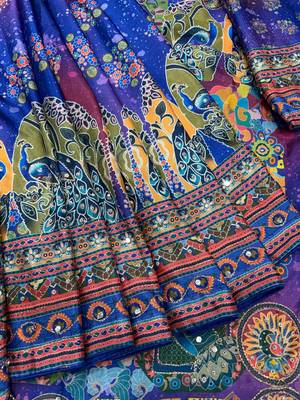 Blue Color Gold Zari work and Hand real mirror and diamond work Silk Blend Saree 4