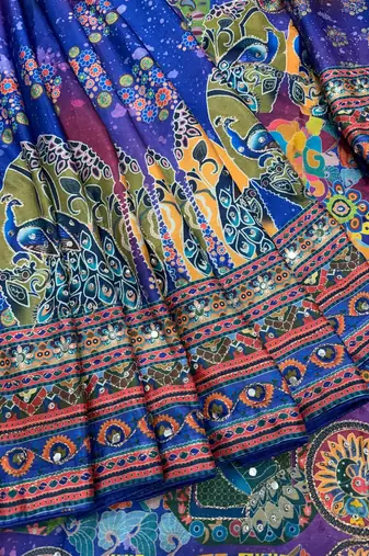 Blue Color Gold Zari work and Hand real mirror and diamond work Silk Blend Saree