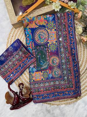 Blue Color Gold Zari work and Hand real mirror and diamond work Silk Blend Saree 5