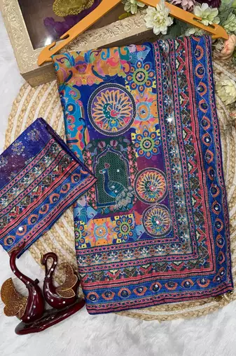 Blue Color Gold Zari work and Hand real mirror and diamond work Silk Blend Saree