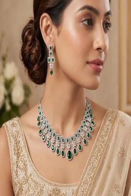 emerald green cz bridal jewellery set  silver tone wedding necklace 1