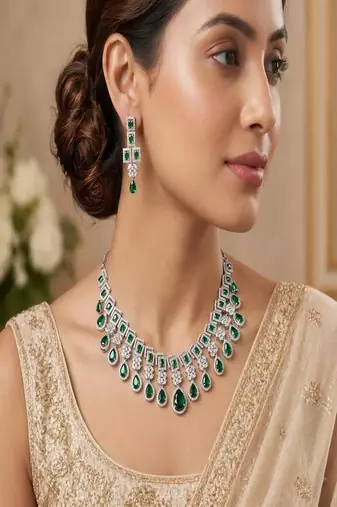 emerald green cz bridal jewellery set | silver tone wedding necklace