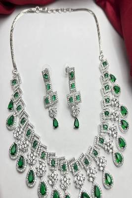 emerald green cz bridal jewellery set  silver tone wedding necklace 2