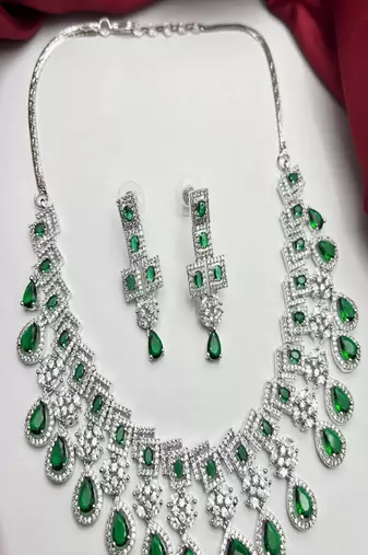 emerald green cz bridal jewellery set | silver tone wedding necklace