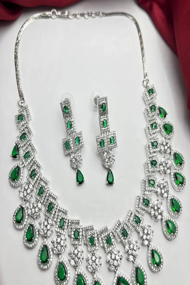 emerald green cz bridal jewellery set  silver tone wedding necklace